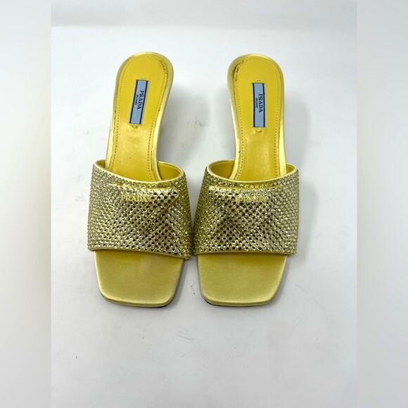 Prada Crystal Embellished Satin Mules Butter Yellow Triangle Logo Open Toe 37.5 - Picture 7 of 9
